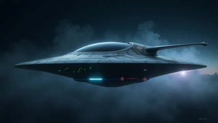 Futuristic spacecraft hovering in misty night sky alien