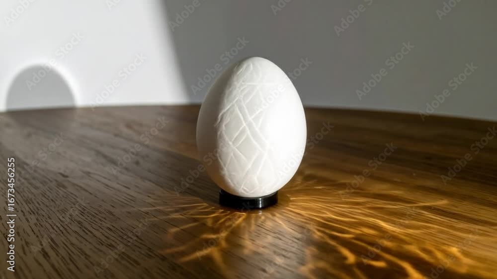Poster decorated white egg on a wooden surface with intricate geometric pattern and light shadow displayed 