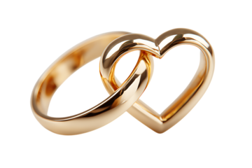 Wedding rings intertwined with a heart, symbolizing love and commitment.