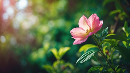 Fototapeta premium A pink flower blooming on green leaves with a blurred natural background.