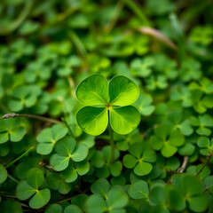 good luck four leaf clover standing out from meadow of green clovers.  Rainbow, Unique discovery of a rare 4 leaf clover for St Patricks day charm or to symbolize luck, good fortune, or prosperity.