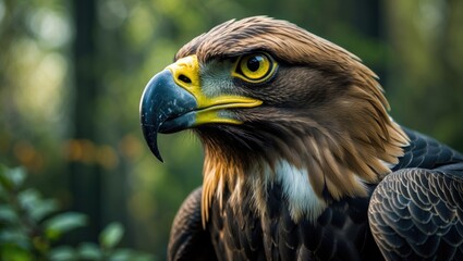 Obraz premium Close-up of an eagle's head with sharp eyes and detailed feathers in a lush green forest background.