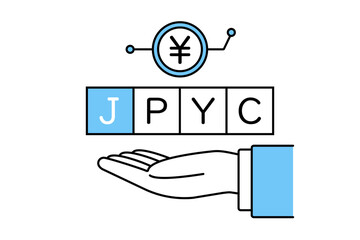 ブロックチェーン上に置かれた日本円の硬貨とJPYCの文字を掲げるスーツを着た人物の手