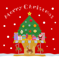 クリスマス素材：トナカイが回るクリスマスツリーの楽しいメリーゴーランドとサンタクロース