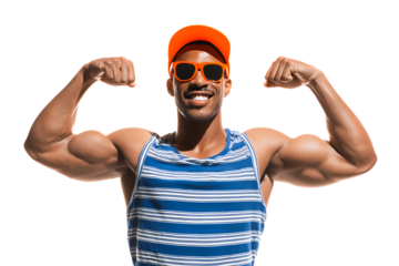 Strong man flexing biceps, expressing power and fitness.