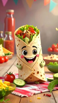 Naklejki Cartoon food burrito, happy expression