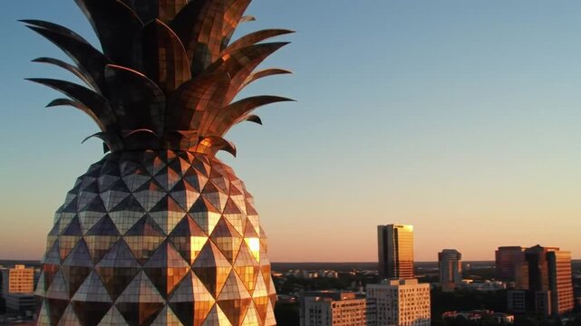 Pineapple shaped skyscraper architectural detail at sunset