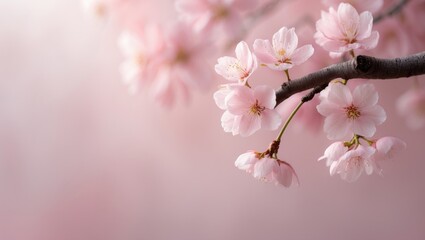 Fototapeta premium Close-up of pink cherry blossoms on a branch, soft background with gentle pink hues. Flowers and nature, spring season, floral beauty. The image of blossoms on a branch.