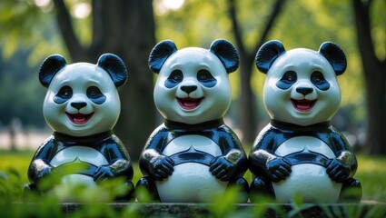 Obraz premium Three panda-shaped figurines with smiling faces sitting outdoors in a lush, green park.