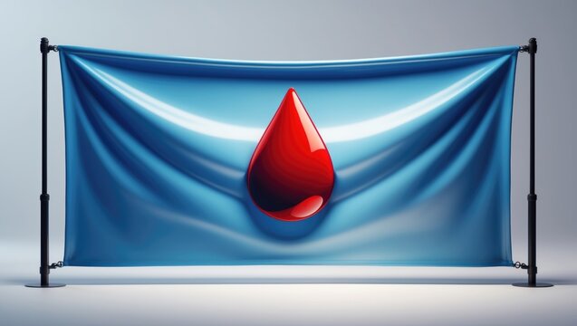 A flag with a large red blood drop in the center, hanging on a pole.