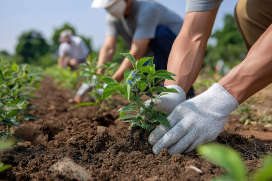 Professional gardening and planting process with teamwork in outdoor soil cultivation showcasing sustainable farming crop growth and eco-friendly horticulture practices