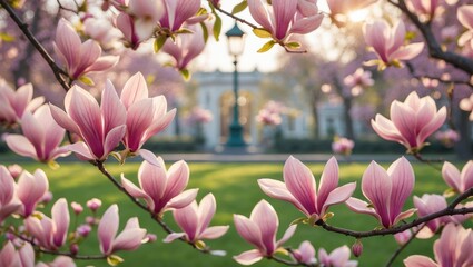 Obraz premium Blooming magnolia flowers in spring, with soft pink petals and blurred garden background. Nature and floral beauty. Seasonal blossoms and garden scenery.