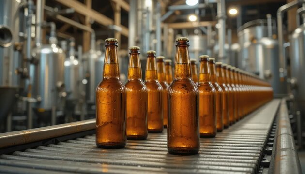 A long line of beer bottles moving along a conveyor belt in a brewery.