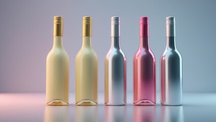 Five bottles of various colors arranged in a row against a soft background.