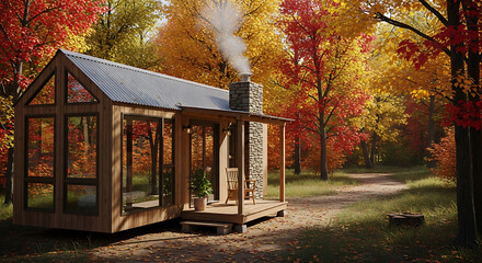 Cozy cabin in autumn forest with colorful foliage