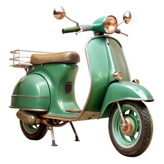 Vintage green scooter with a basket on the back, isolated on transparent background