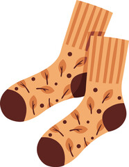 Autumn Socks with Leaf Pattern Flat Vector Illustration Isolated on White. Cozy Knitwear for Seasonal Sticker, Apparel Branding, Fall Fashion Graphics, and Gift Packaging. Ideal for Design, and Decor