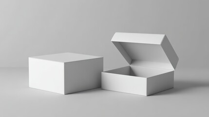 Plain white rectangular box with open lid and closed box on a gray background for product display