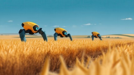 AI-driven farming robots harvesting in golden fields