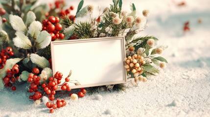 Festive Christmas Decor with Pine Cones Holly Berries and Blank White Sign on Snowy Surface
