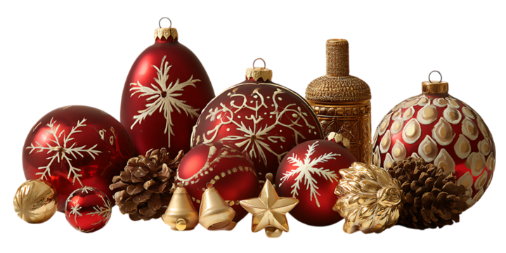 Elegant red and gold Christmas ornaments, pine cones, and bells on a dark background.