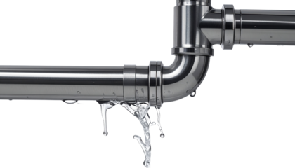 Stainless steel plumbing elbow joint with water leaking and visible drips.