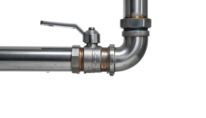 Chromed steel plumbing pipe elbow with a ball-valve lever and threaded coupling.