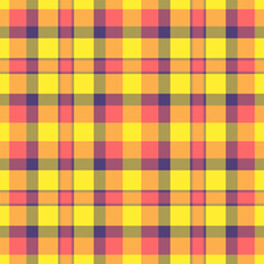 Checkered tartan plaid pattern, girly textile texture background. Picture seamless check vector fabric in yellow and red colors.