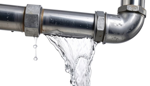 Stainless steel pipe elbow leaking water from a damaged joint, producing a steady stream and dripping droplets.