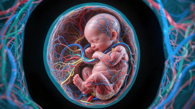 Human fetus inside uterus with umbilical cord and blood vessels