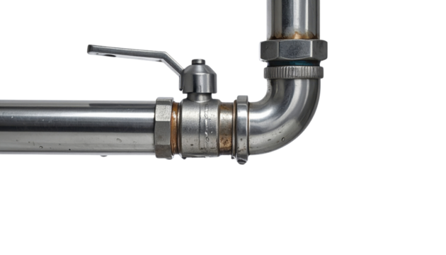 Chromed steel plumbing pipe elbow with a ball-valve lever and threaded coupling.