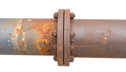 Rusty bolted metal pipe with a flanged coupling showing corrosion, surface pitting, and aged oxidation.