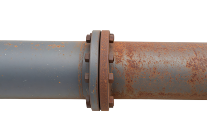 Metal pipeline with a bolted flanged coupling showing one painted section and one heavily rusted steel segment.