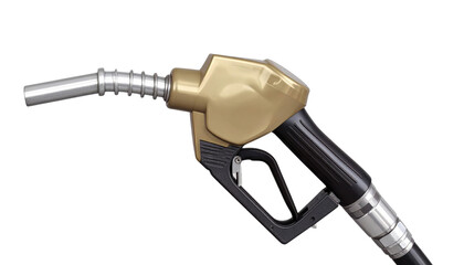 Metallic gasoline pump nozzle with a black ergonomic handle, chrome spout, trigger, and attached fuel hose for vehicle refueling.