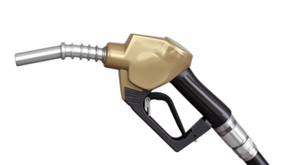 Metallic gasoline pump nozzle with a black ergonomic handle, chrome spout, trigger, and attached fuel hose for vehicle refueling.