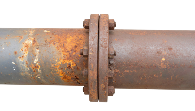 Rusty bolted metal pipe with a flanged coupling showing corrosion, surface pitting, and aged oxidation.