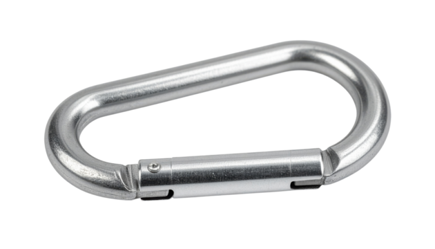 Silver metal carabiner with a spring gate, oval-shaped clip for attaching gear, keys, or ropes.