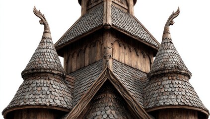 Close-up of wooden church steeple, intricate details