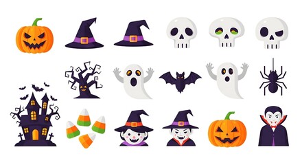 Halloween Flat Vector Icon Set: Spooky Characters and Objects