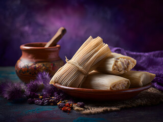 Pile of tamales with a clay pot and purple accents