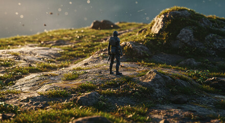 Lone soldier stands watch over rugged terrain as dust motes dance in golden light.