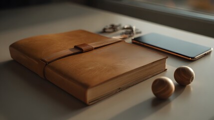A tan leather-bound journal rests on a light surface next to a smartphone and wooden spheres, bathed in soft light.