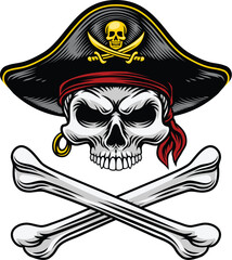 Pirate skull crossbones wearing a tricorn captain hat with crossing bones. In a vintage retro woodcut style.