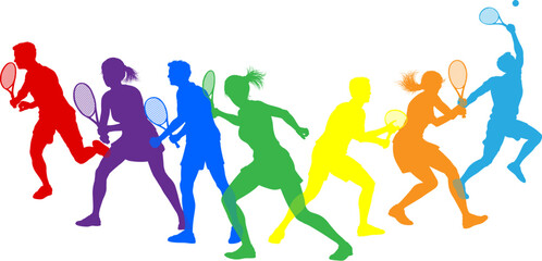 Silhouette Tennis players set. Active sports people healthy players fitness silhouettes concept.