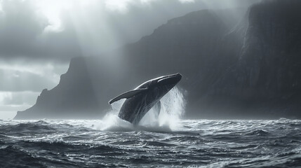 Fototapeta premium Majestic Whale Breaching in Dramatic Ocean Landscape with Cliffs and Sunlight