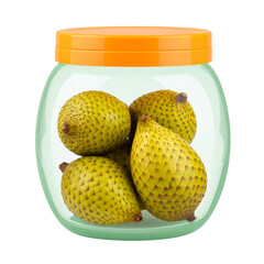 Yellowish green fruits in a glass jar