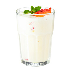 Yogurt beverage in glass with strawberry and mint