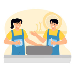 Fototapeta premium Man and woman doing car service work Illustration