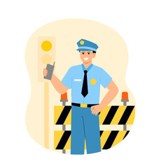 Police man holding walkie talkie