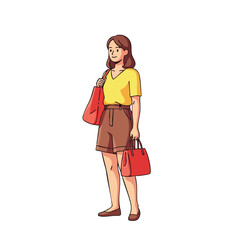Shopping woman carrying red bags in stylish outfit for casual outings and everyday activities 